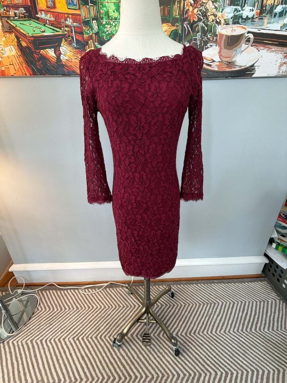 Diane von Furstenberg Burgundy Zarita Lace Long Sleeve Sheath Mini Dress size 6